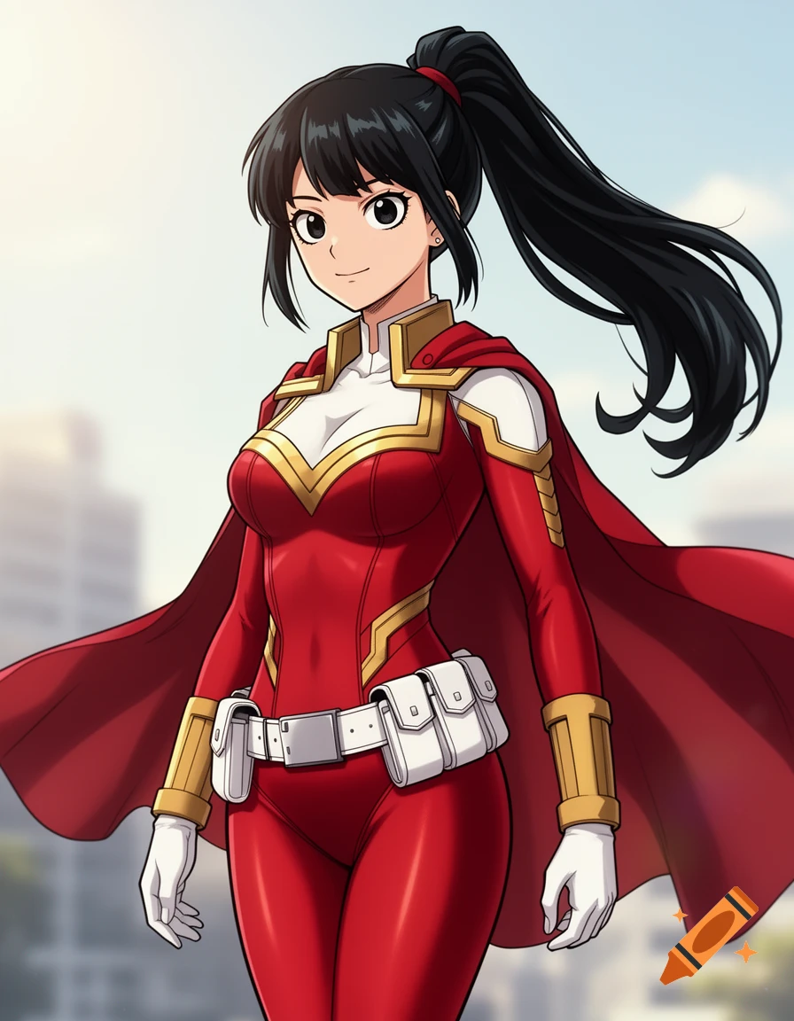 An anime-style superheroine with black hair in a ponytail, wearing a red and white costume with a cape, standing in a city.