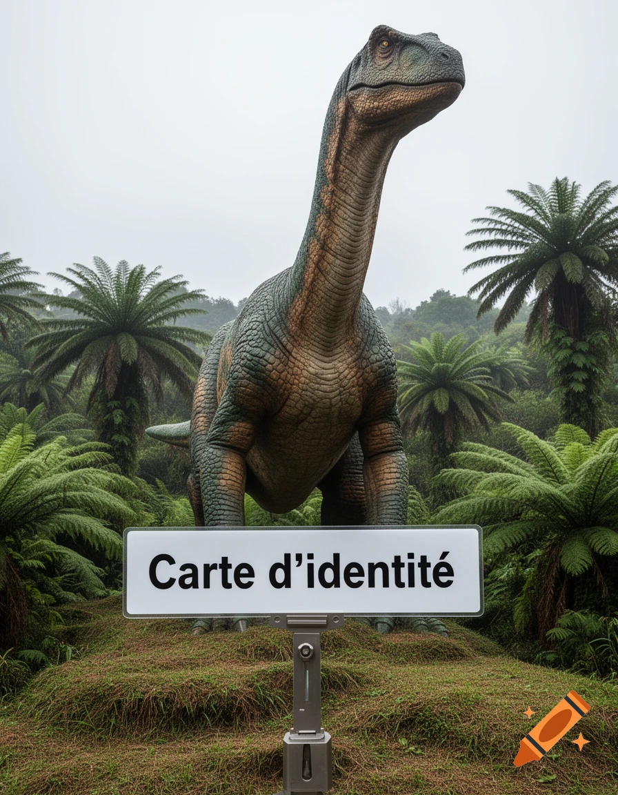 A photorealistic long-necked dinosaur stands in a misty jungle with palm trees, behind a sign reading 'Carte d'identité'.
