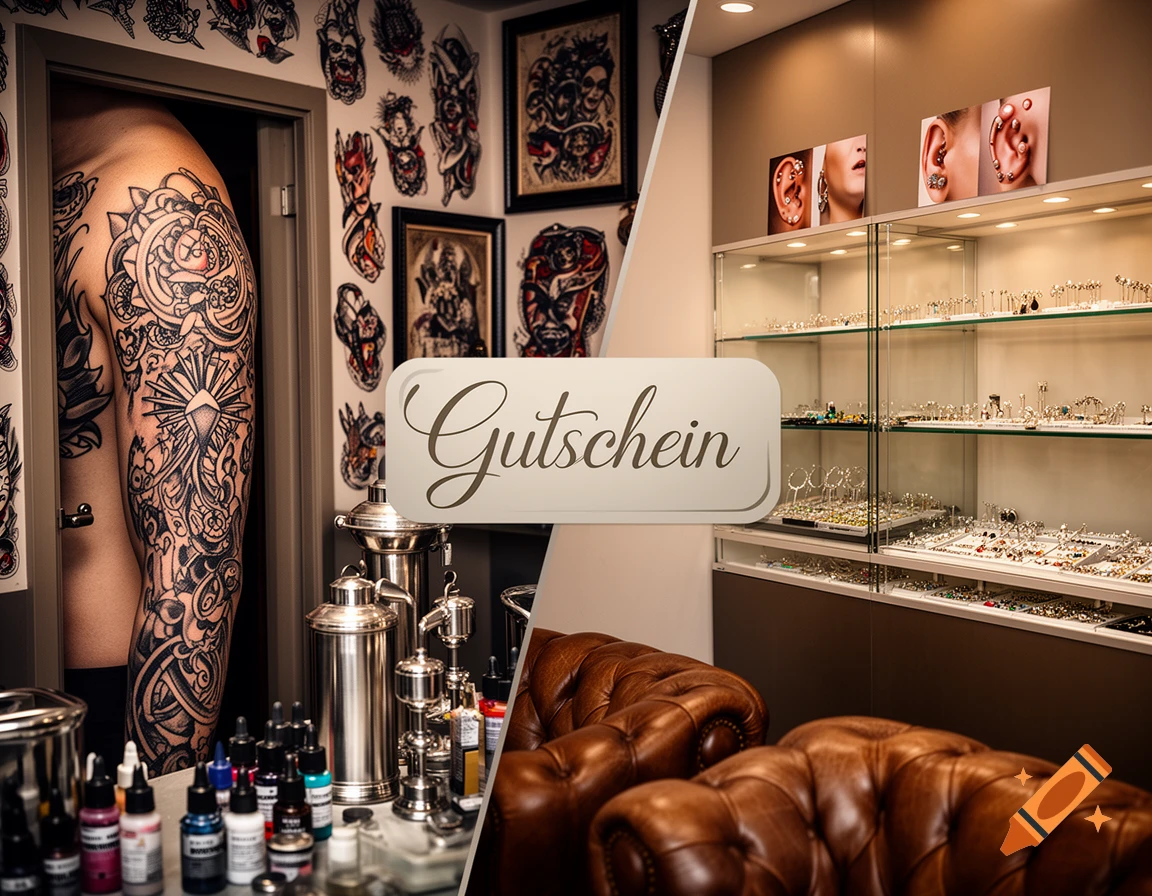 A diagonally split image of a tattoo parlor with a tattooed arm and designs on the left, and a piercing shop with jewelry displays on the right, featuring a 'Gutschein' banner.