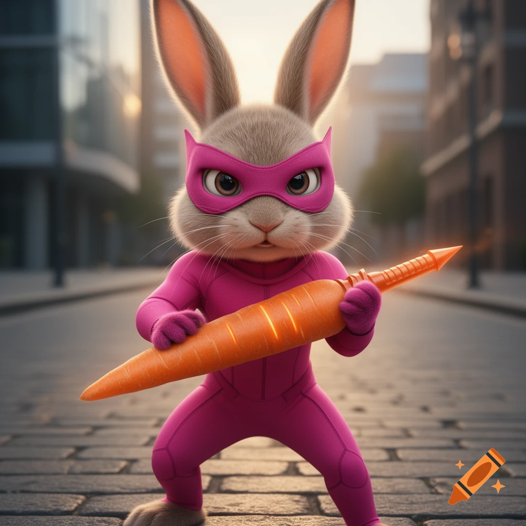 A cute cartoon rabbit in a pink superhero suit and mask, holding a glowing orange carrot weapon, stands on a cobblestone street.