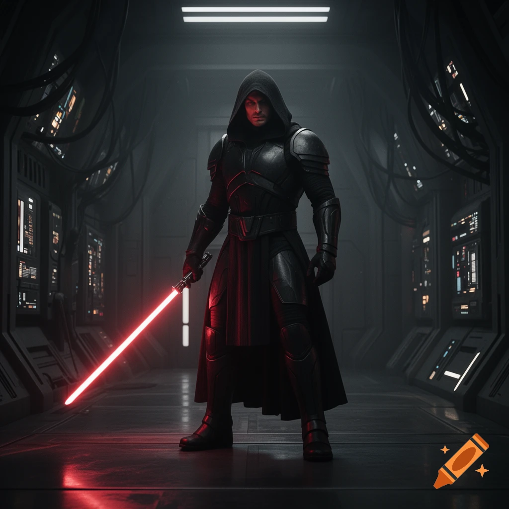 A dark-armored figure with a hood and exposed face, holding a glowing red lightsaber in a futuristic, dimly lit corridor.