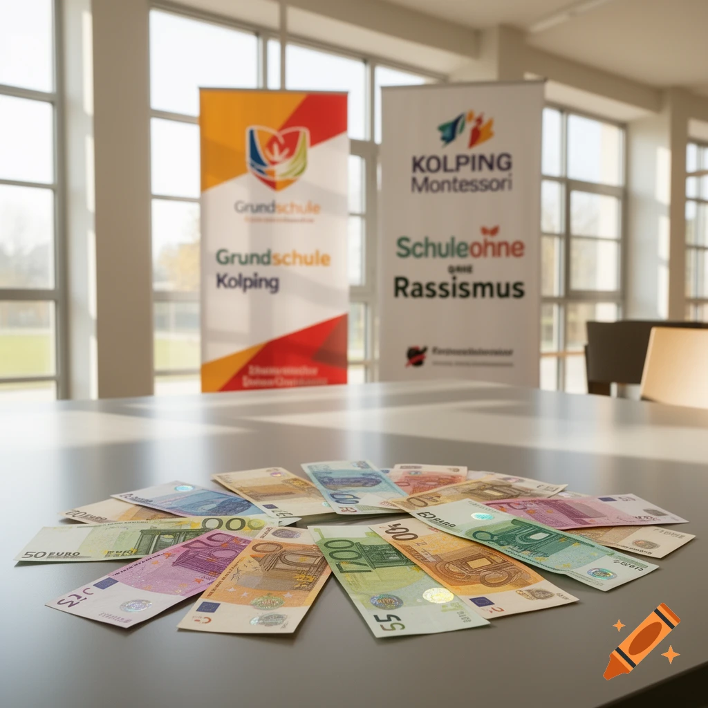 Euro banknotes spread on a table, with two banners in the background promoting Grundschule Kolping and KOLPING Montessori Schule ohne Rassismus.