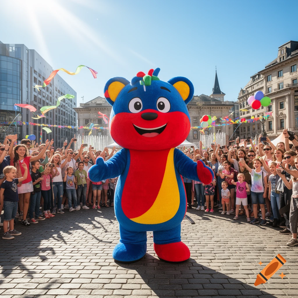 A large, colorful blue, red, and yellow bear mascot stands in a sunny city square, surrounded by a cheering crowd and streamers.