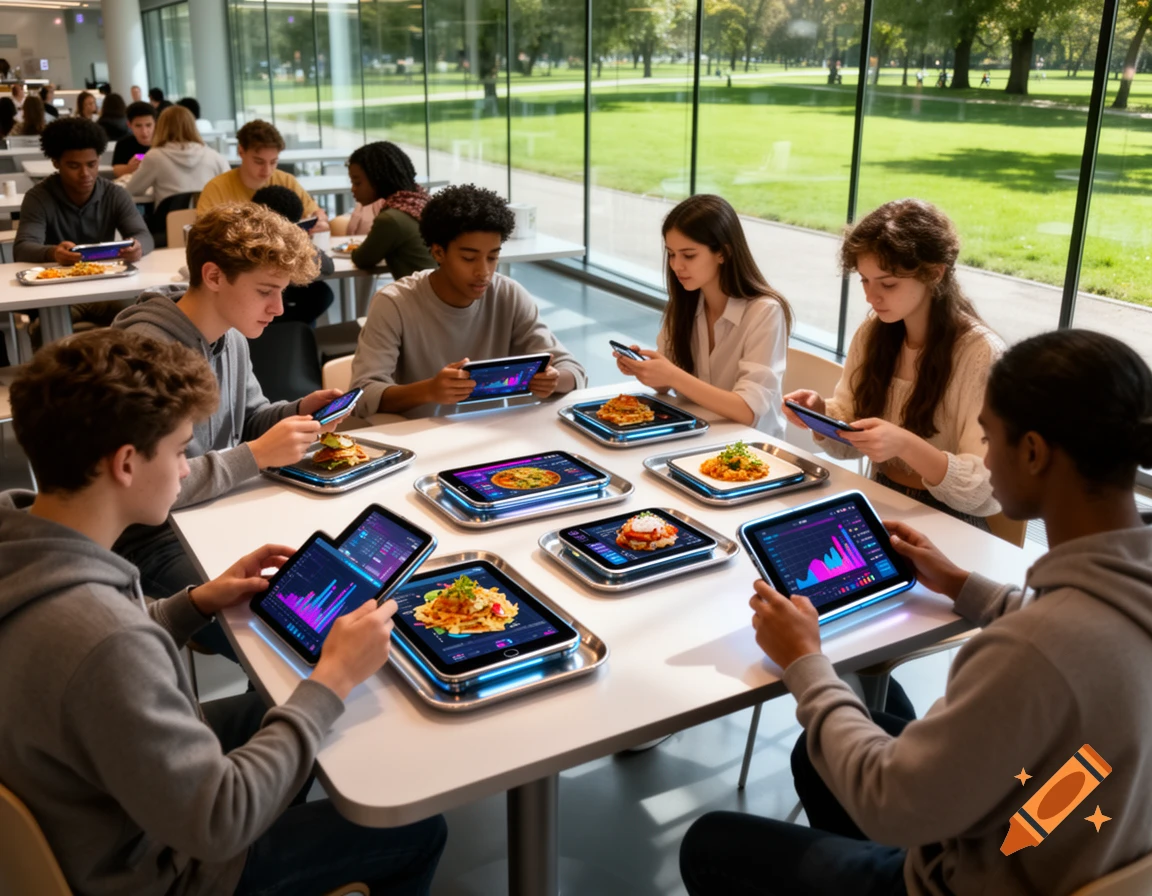 Young people in a modern cafeteria setting, looking at tablets displaying data graphs and plates of food on glowing futuristic trays.