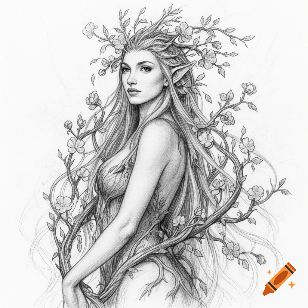Detailed black and white pencil sketch of a beautiful dryad nymph with long flowing hair and vines, looking over her shoulder.