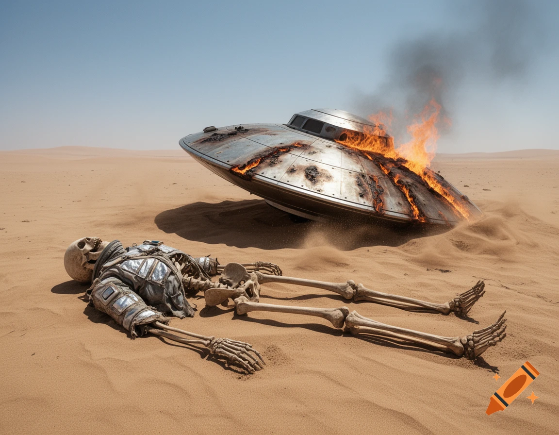 A skeleton in a spacesuit lies in a sandy desert next to a crashed, burning silver UFO under a clear sky.