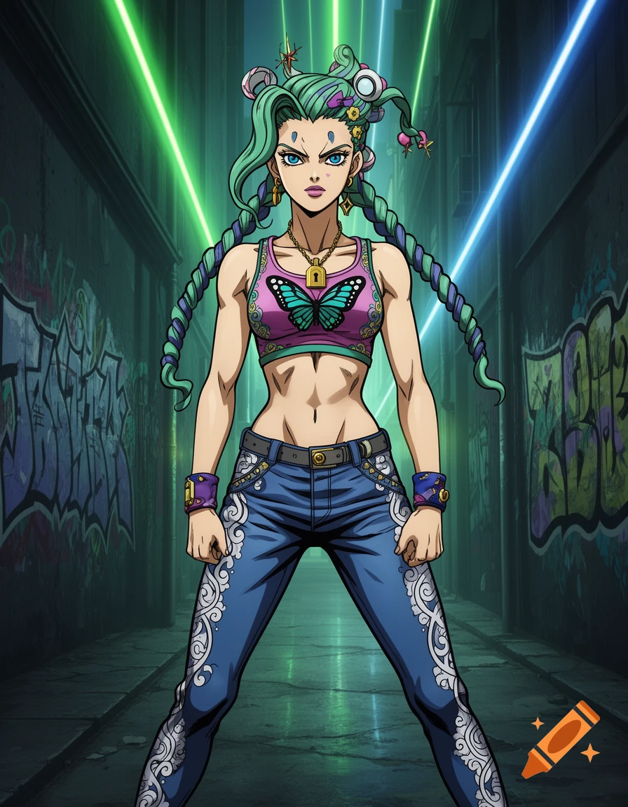 Anime-style woman with teal braided hair, pink butterfly crop top, and jeans, standing in a graffiti-covered alley with neon lights.
