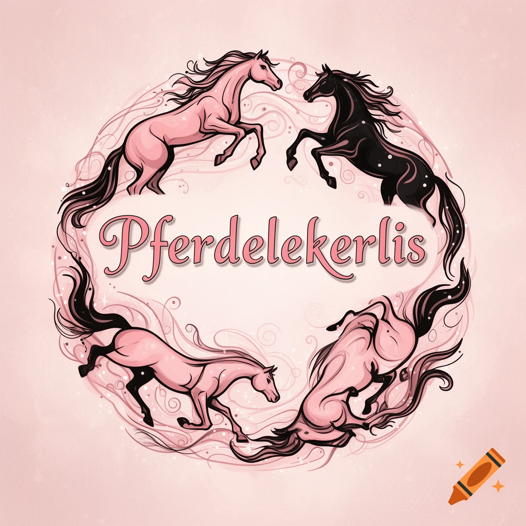 A pink and black illustration of four stylized horses in a circle around the text 'Pferdelekerlis' on a pink background.