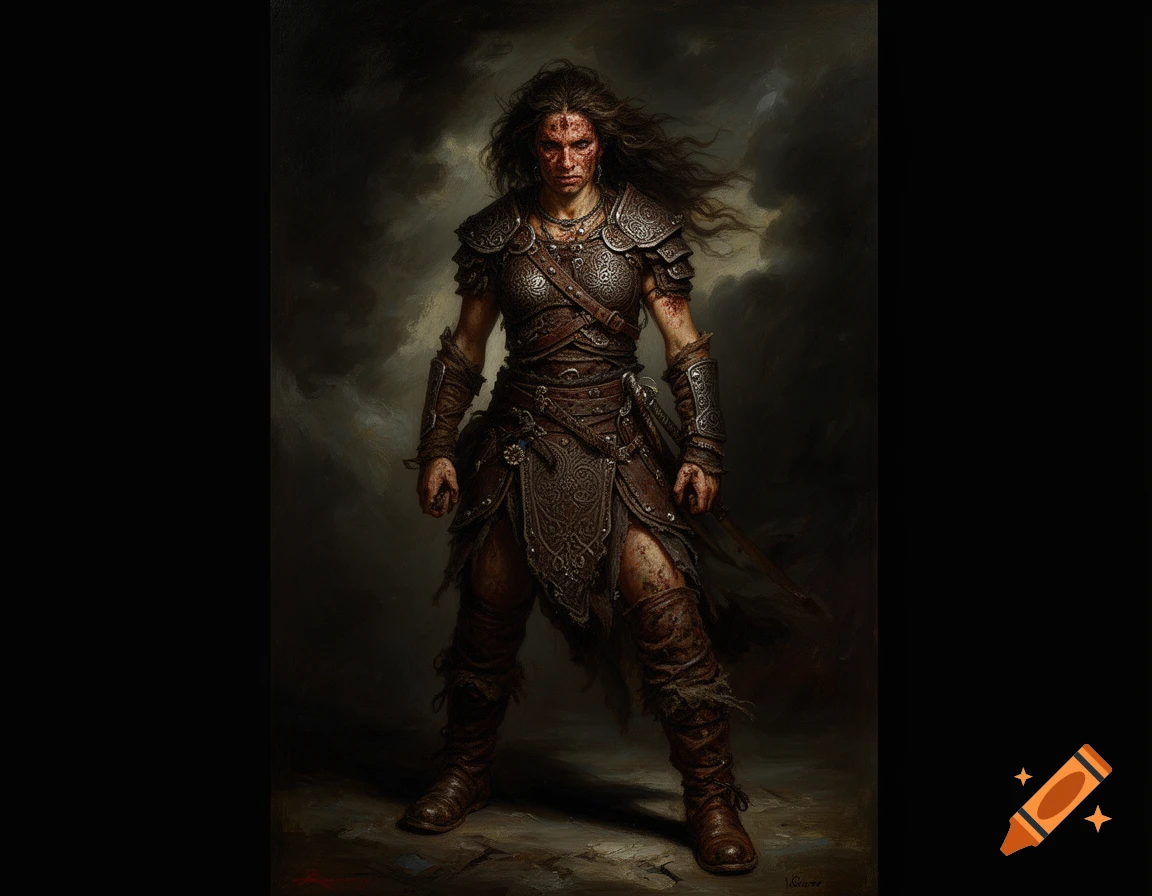 Full body oil painting of a grim female barbarian in ornate leather armor, with blood on her face, standing against a dark sky.