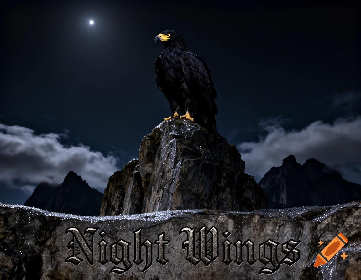 A majestic black eagle with yellow eyes perched on a snowy rock formation under a moonlit night sky, with "Night Wings" text etched on the rock.