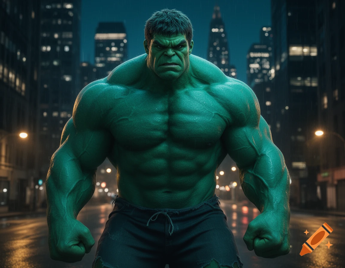 A muscular green Hulk stands angrily on a wet city street at night with glowing streetlights.