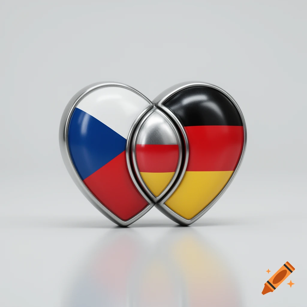 Two intertwined heart-shaped emblems, one with the Czech flag and the other with the German flag, on a white background.