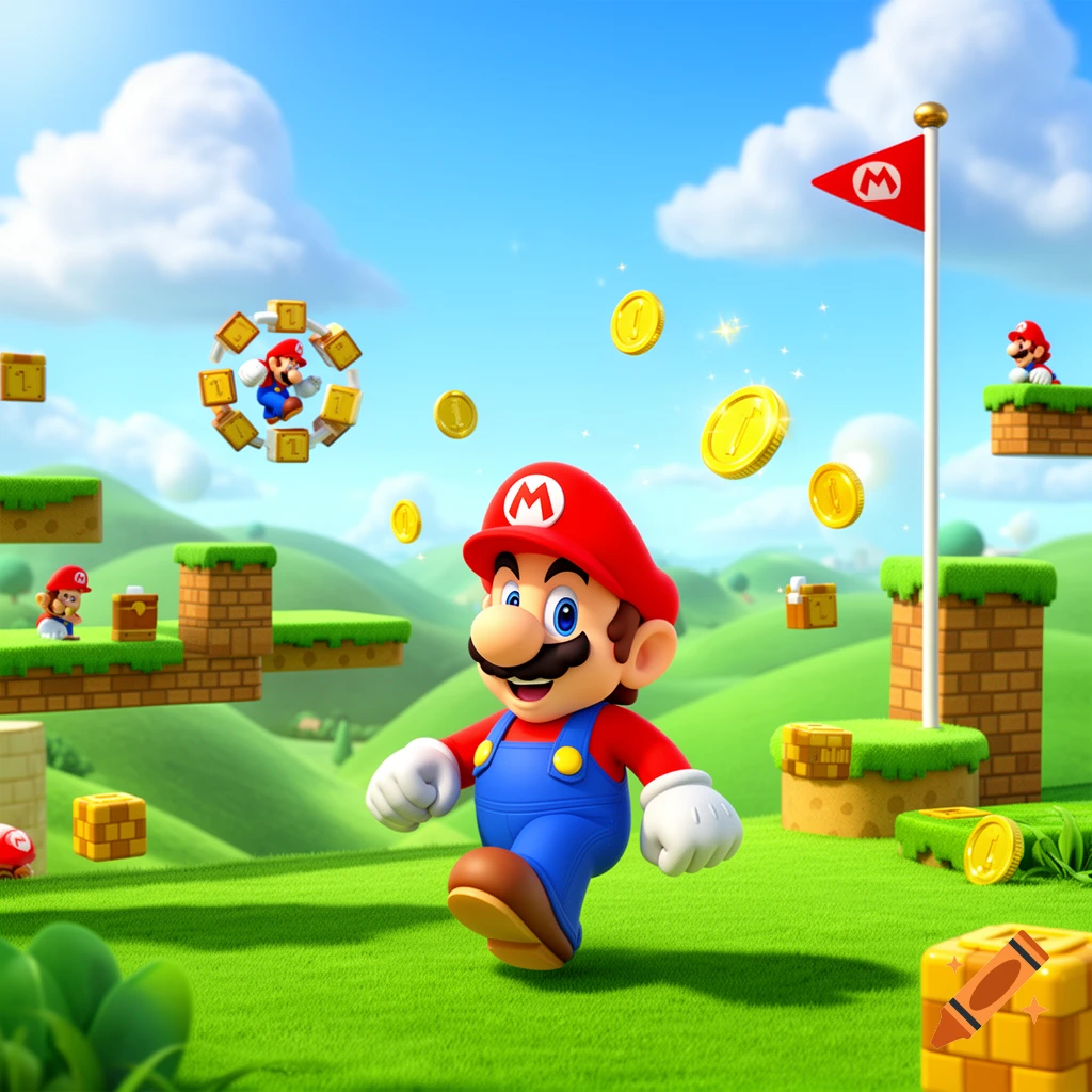 Super Mario runs across grassy hills in a bright 3D video game world with floating platforms, coins, and a flag pole.