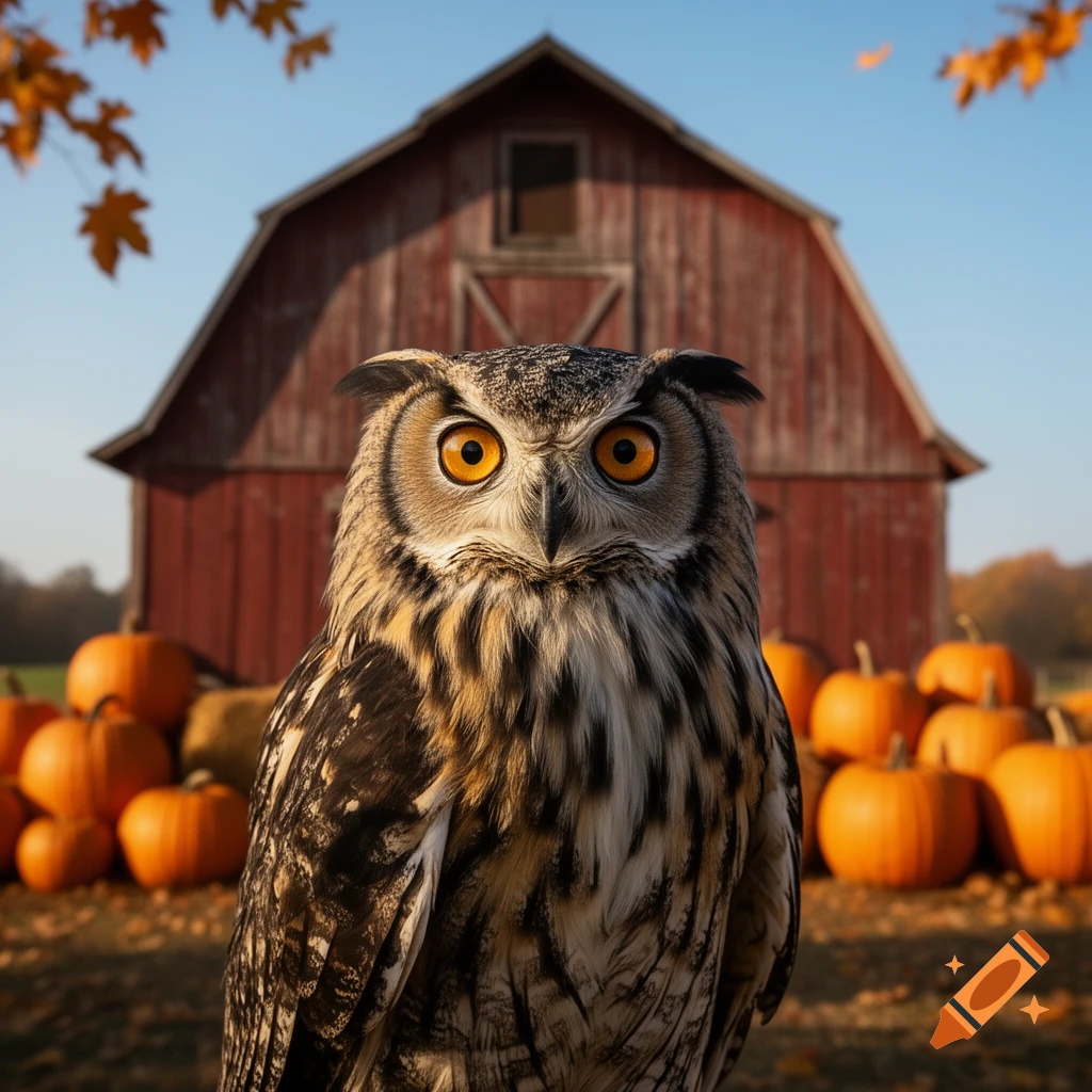 A close-up of a large owl with bright orange eyes in a fall scene with a red barn and pumpkins.