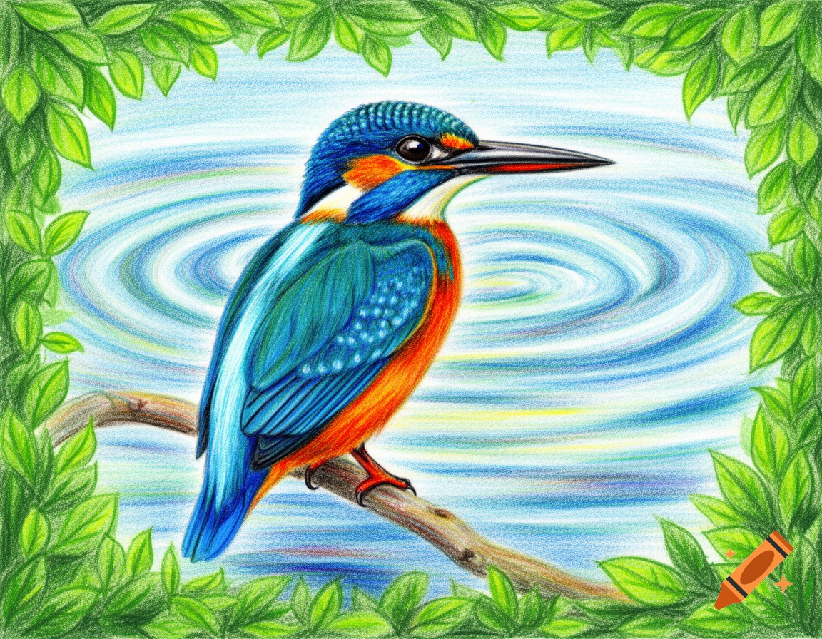 A colorful kingfisher with blue, teal, and orange feathers perches on a branch, framed by green leaves, against a blue water background with ripples, in a crayon drawing style.