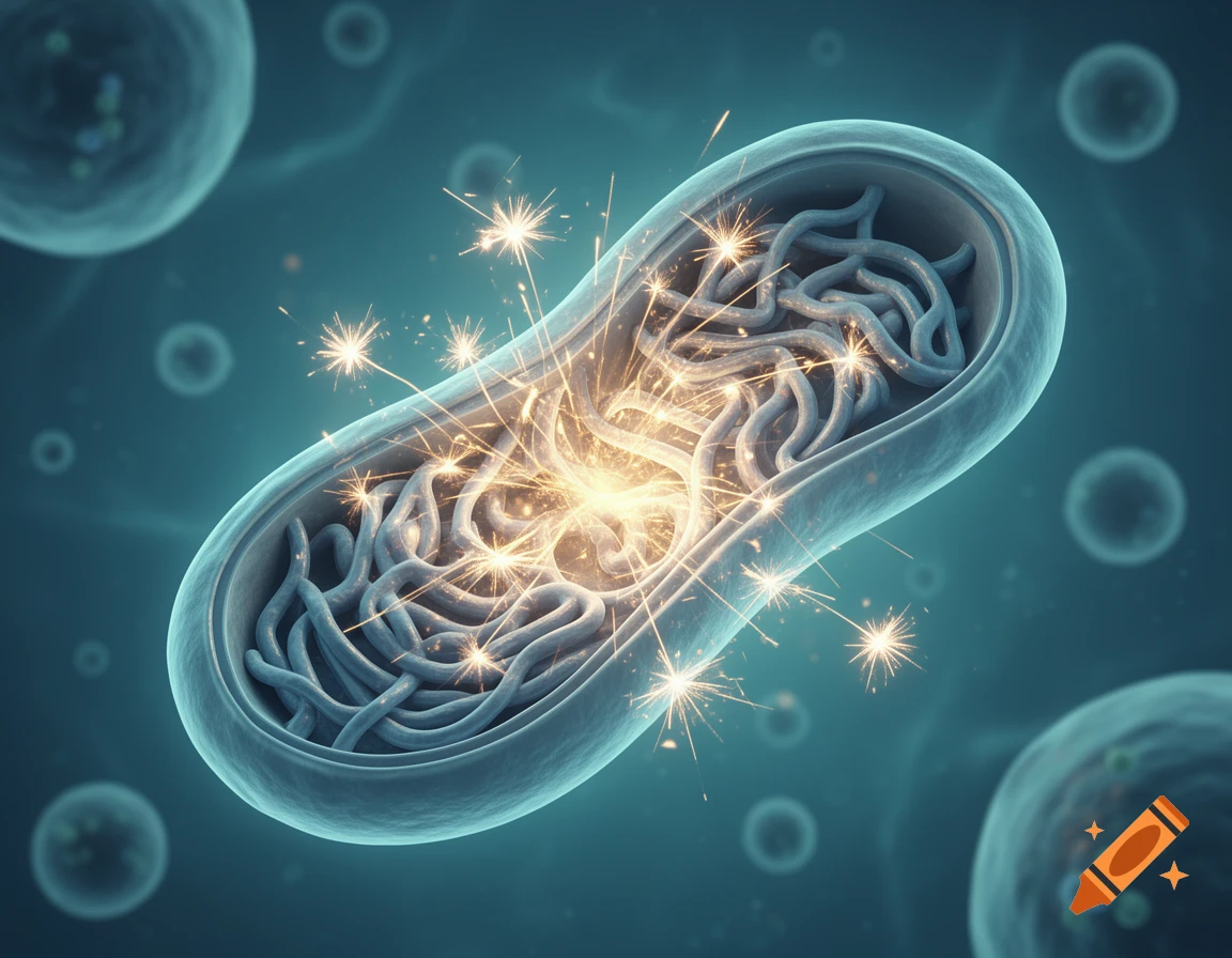 High-resolution 3D diagram of a mitochondrion producing glowing energy sparks, in a teal cellular environment.