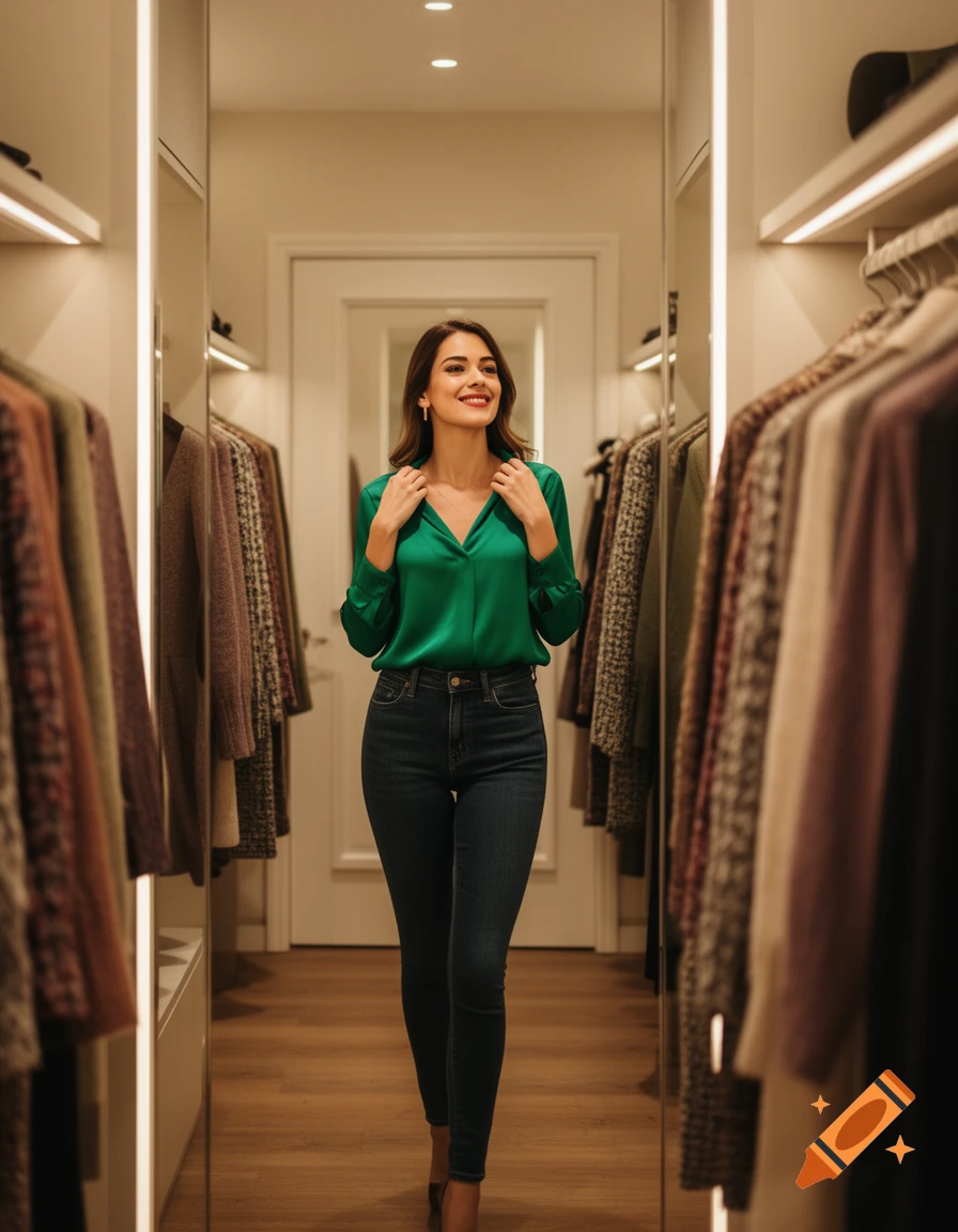 A smiling woman in a green silk shirt and dark jeans stands in a well-lit walk-in closet, adjusting her collar.