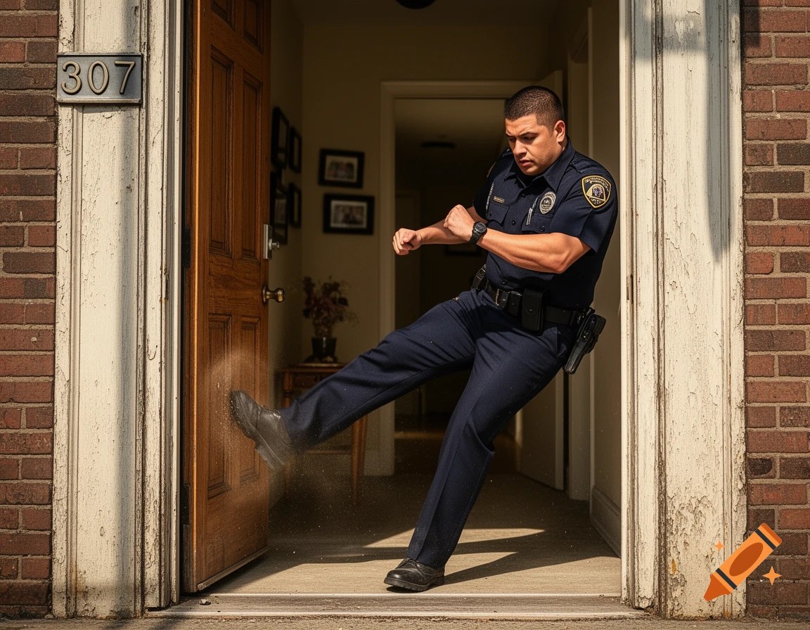 A police officer in uniform kicks open a wooden door, stirring up dust. The house number "307" is visible next to the door.