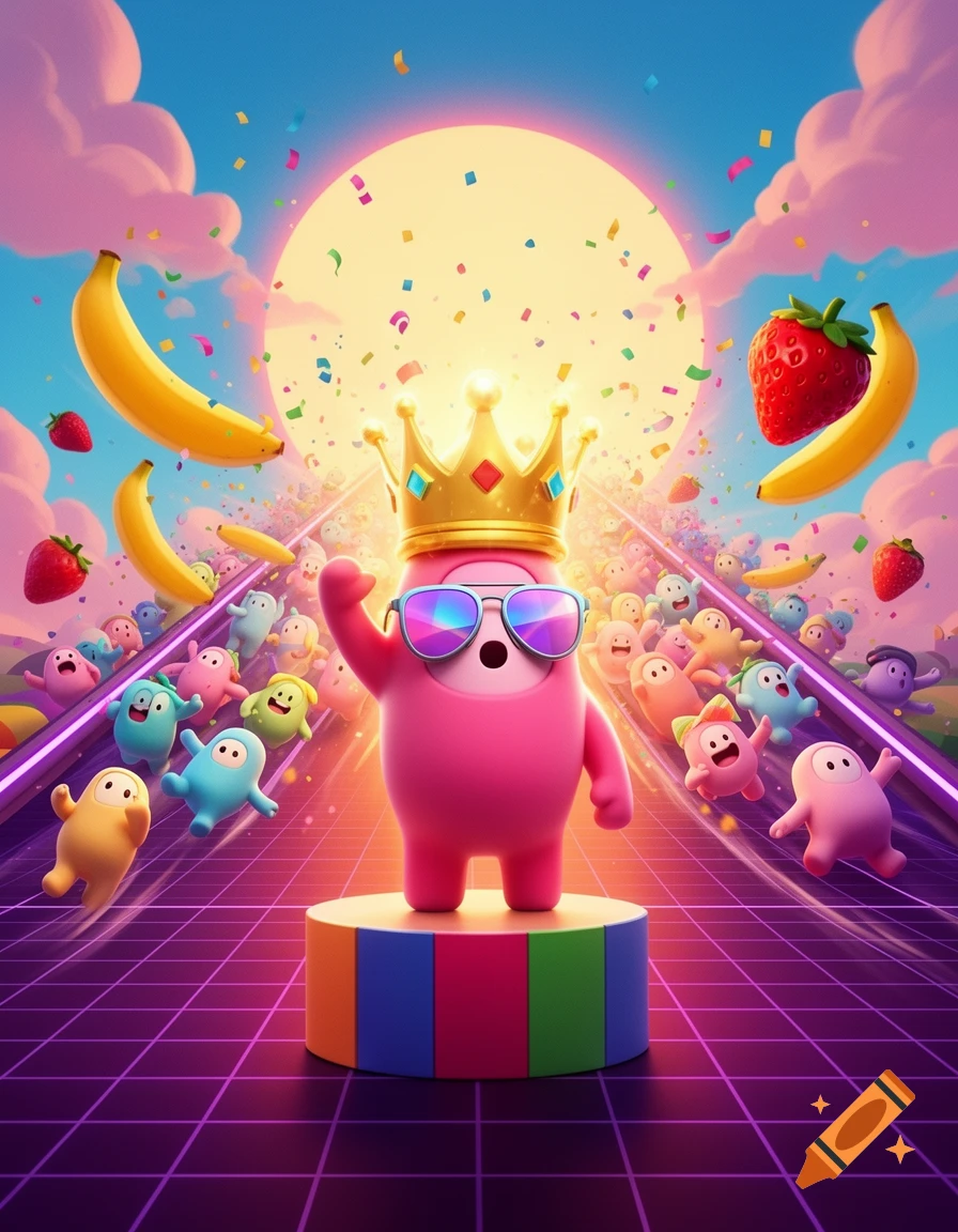 A pink Fall Guys character with sunglasses and a golden crown on a podium, surrounded by confetti, fruit, and other characters on a neon grid track under a glowing sun.