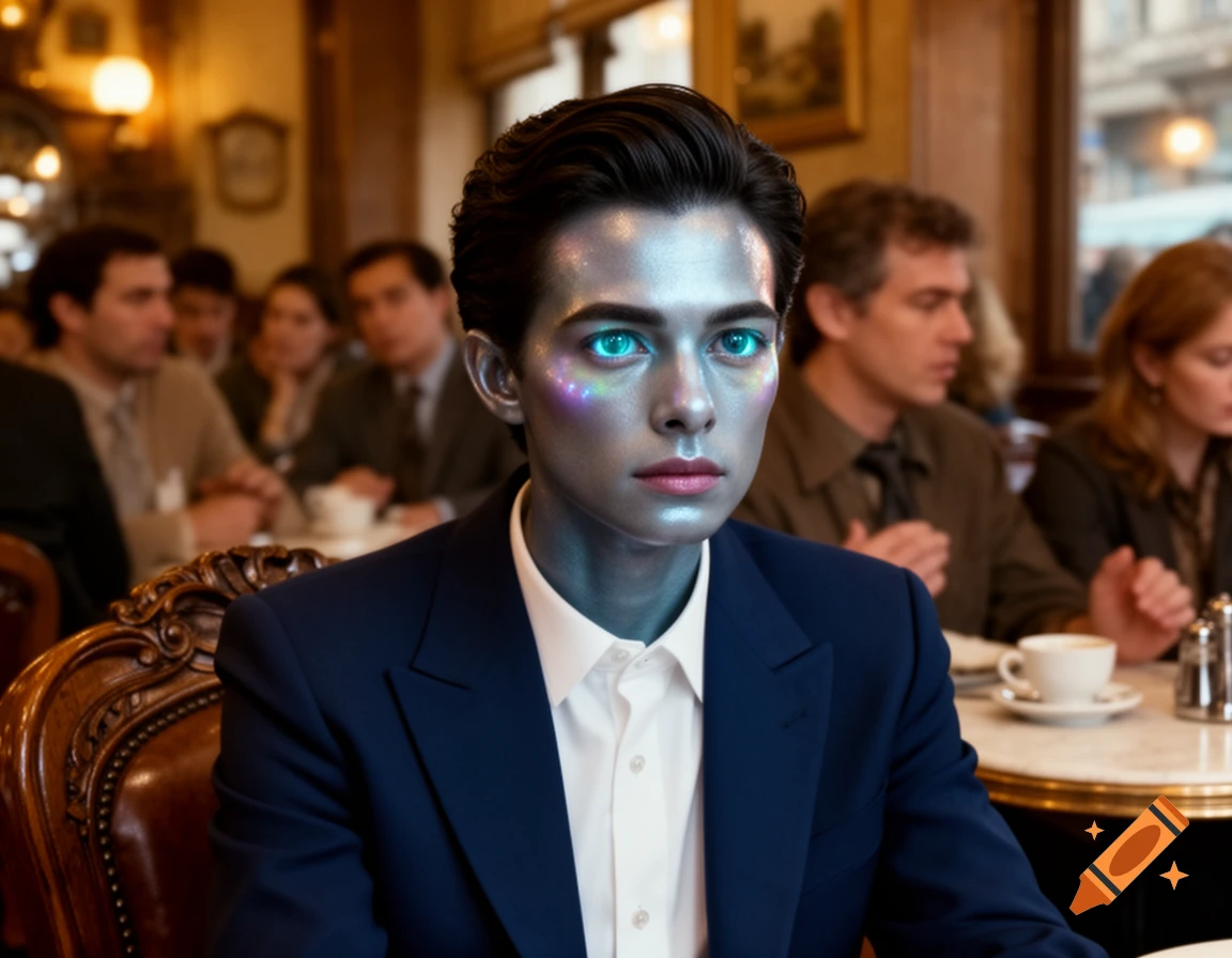 A person with metallic, iridescent skin and glowing blue eyes, wearing a dark blue suit, sits in a busy cafe.