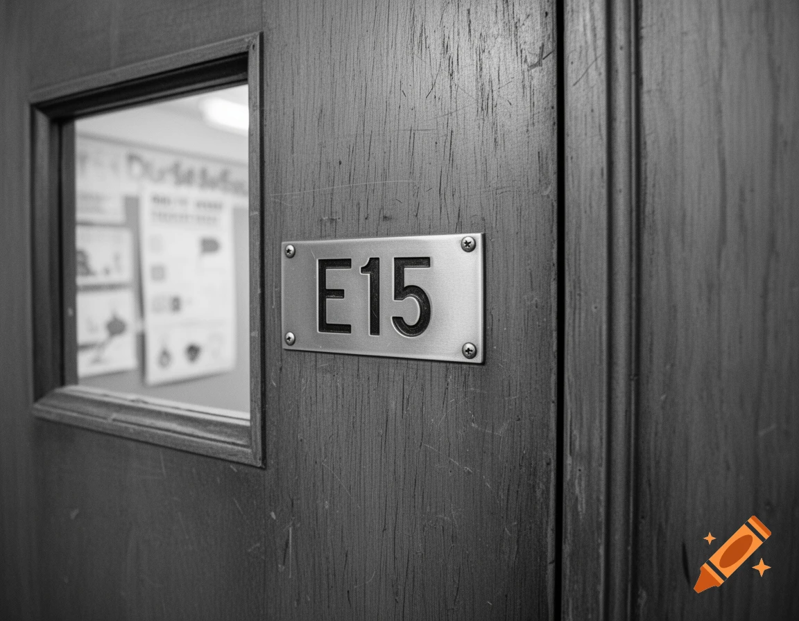 A black and white close-up of a wooden classroom door with a small window and a silver "E15" plaque.