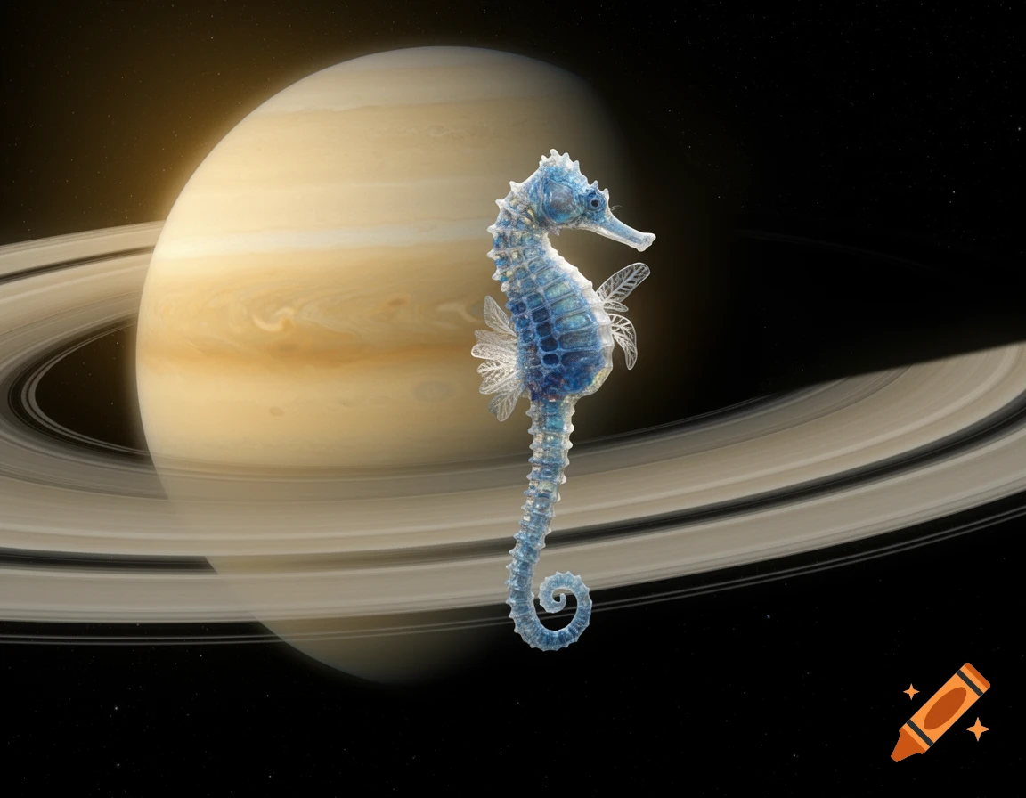 A translucent blue seahorse floats in space before the planet Saturn and its rings, against a dark starry background.