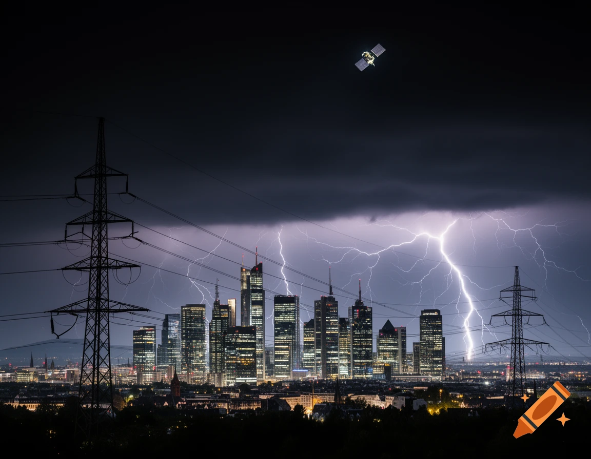 A photorealistic night cityscape with lightning, power lines, and a satellite against a stormy sky.