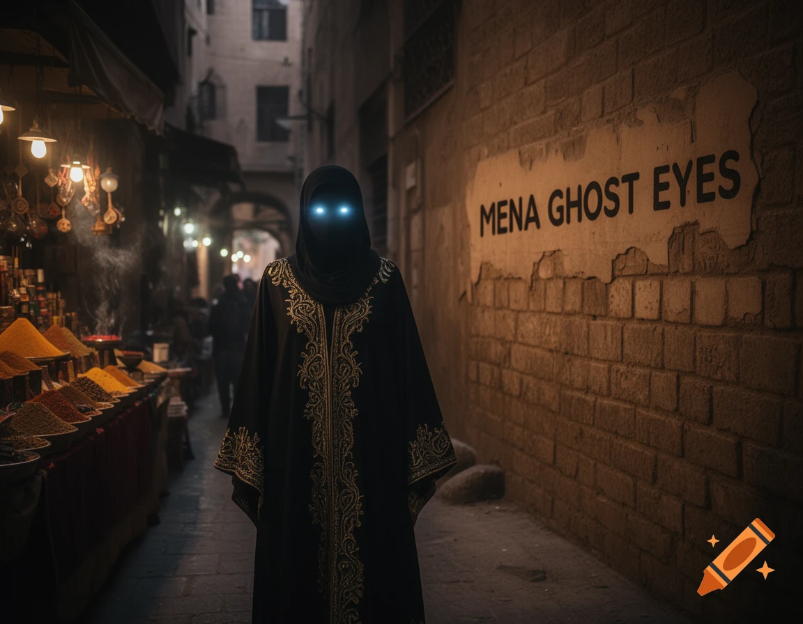 A mysterious cloaked figure with glowing blue eyes stands in a dark, narrow market alley next to a brick wall with 'MENA GHOST EYES' painted on it.