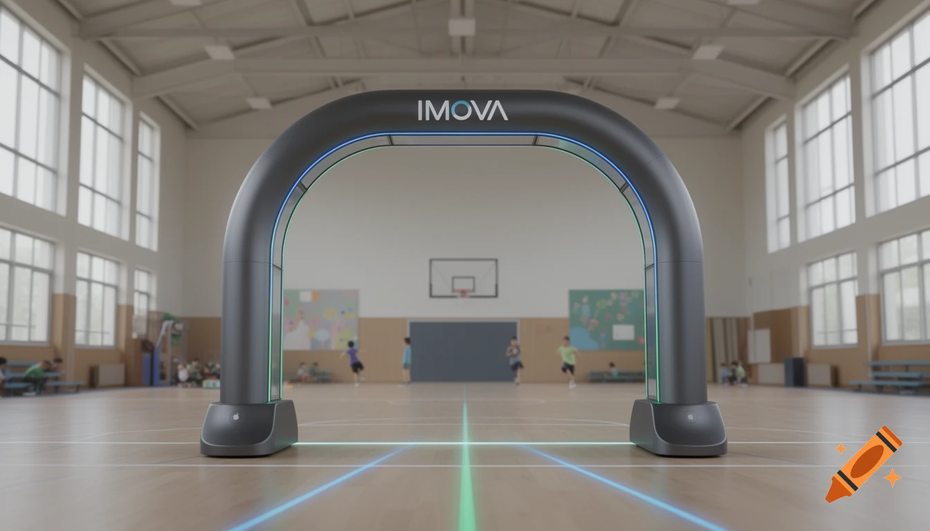 A premium minimalist IMOVA starting arch with glowing lines in a modern school gymnasium.