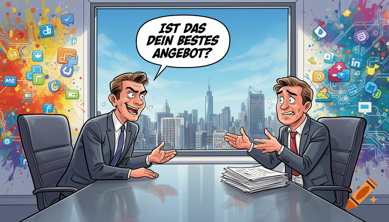Cartoon of two businessmen negotiating in an office, one smugly asks 'Is this your best offer?' to a stressed man, cityscape outside.