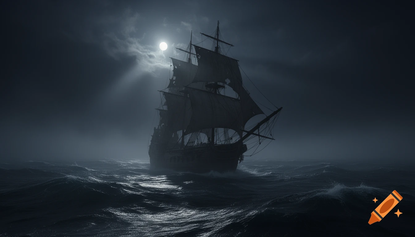 A large, tattered sailing ship navigates a stormy, dark sea at night under the bright glow of a full moon breaking through clouds.