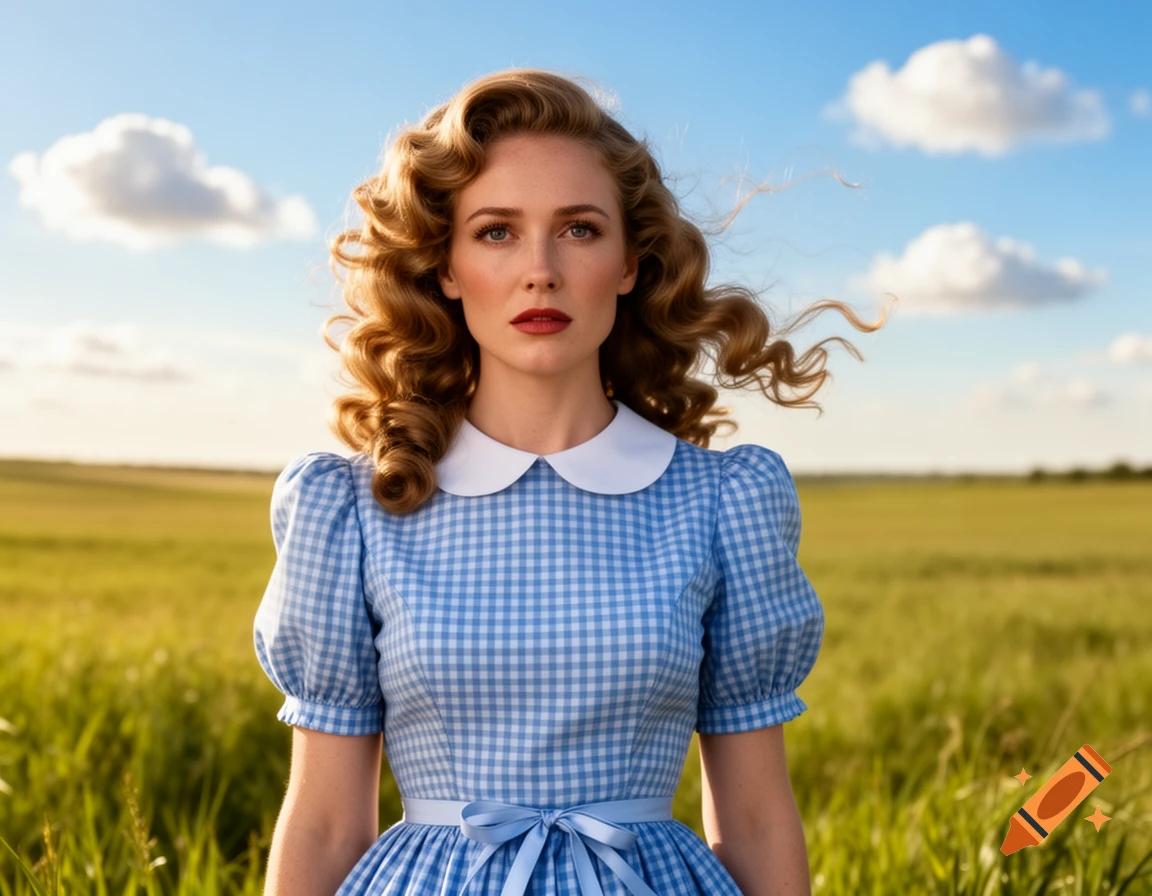 A woman with long curly red hair in a blue gingham dress stands in a green field under a blue sky.