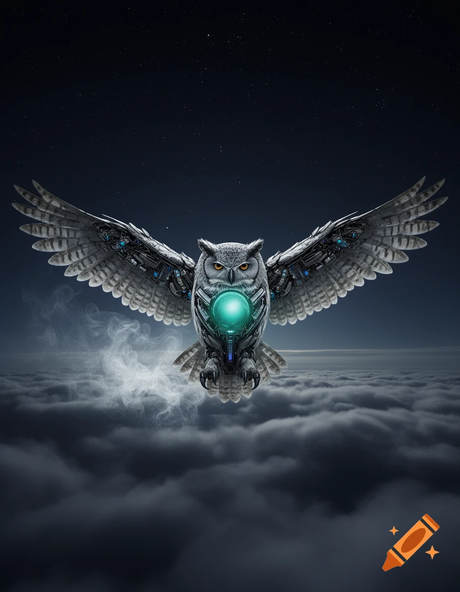 A majestic mechanical owl with a glowing teal core flies with outstretched wings above dark clouds under a starry night sky.
