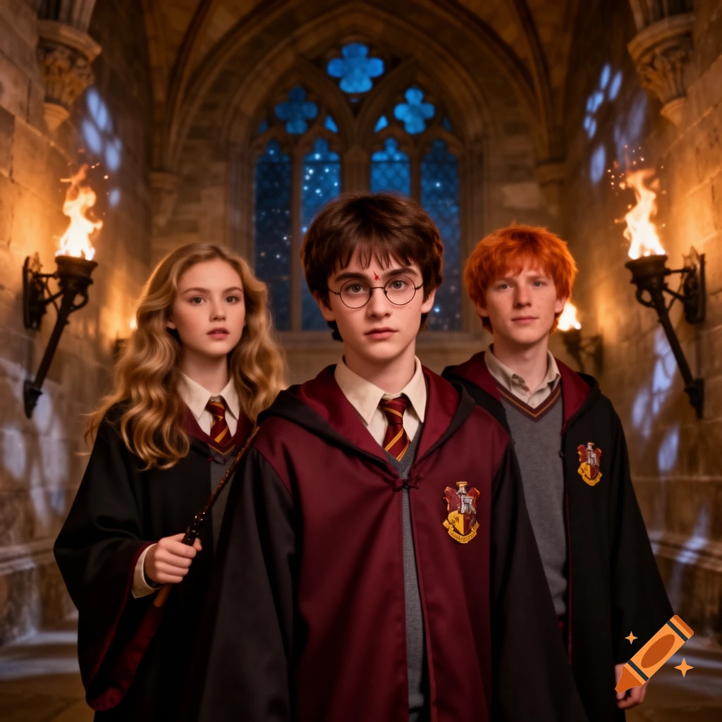 Three young wizards in school robes, resembling Harry Potter and friends, stand in a dimly lit stone hallway with torches and a starry window.