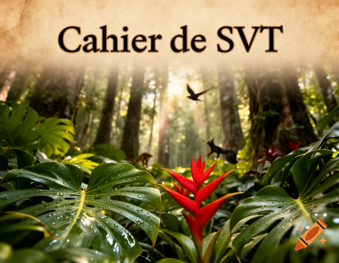 Photorealistic jungle scene with vibrant green leaves, a red tropical flower, sunlit trees, and silhouetted animals. 'Cahier de SVT' text at top.