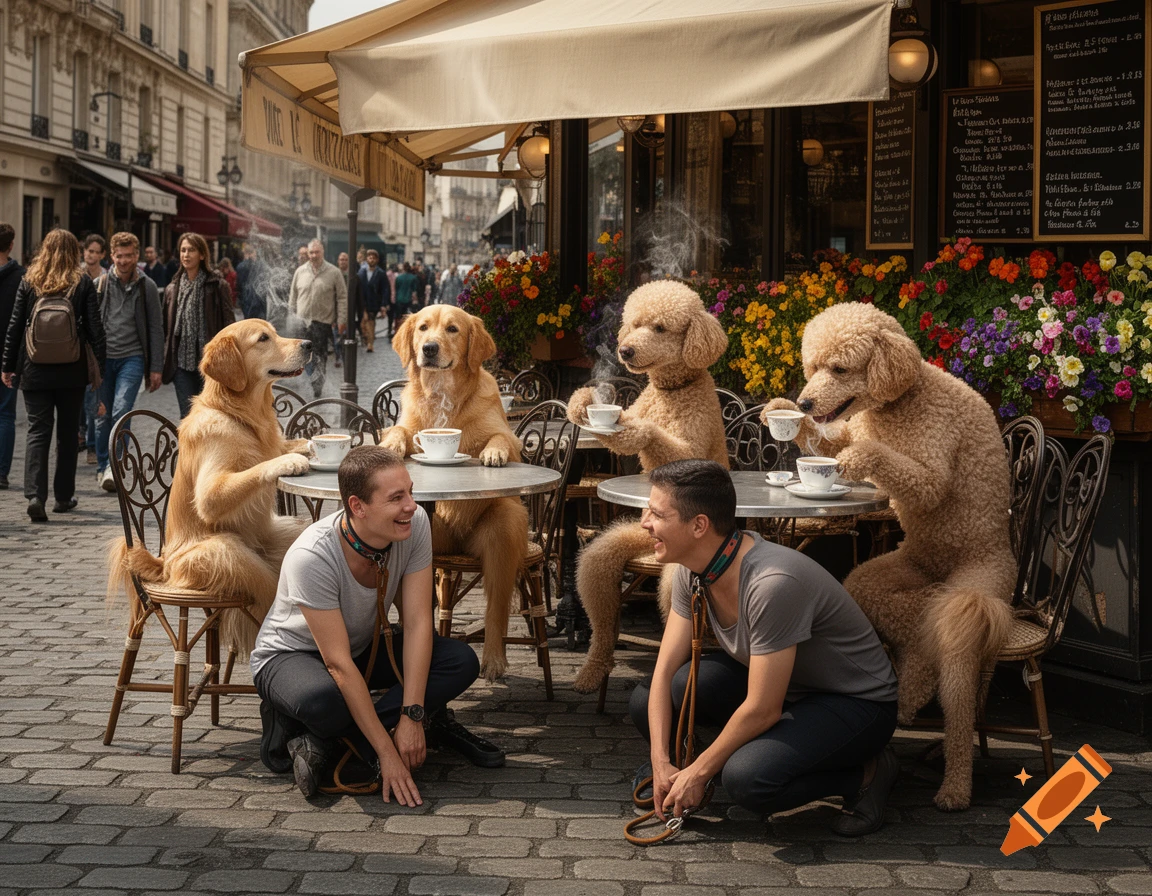Anthropomorphic golden retrievers and poodles drink coffee at a Paris cafe while humans sit on the cobblestone ground with leashes.