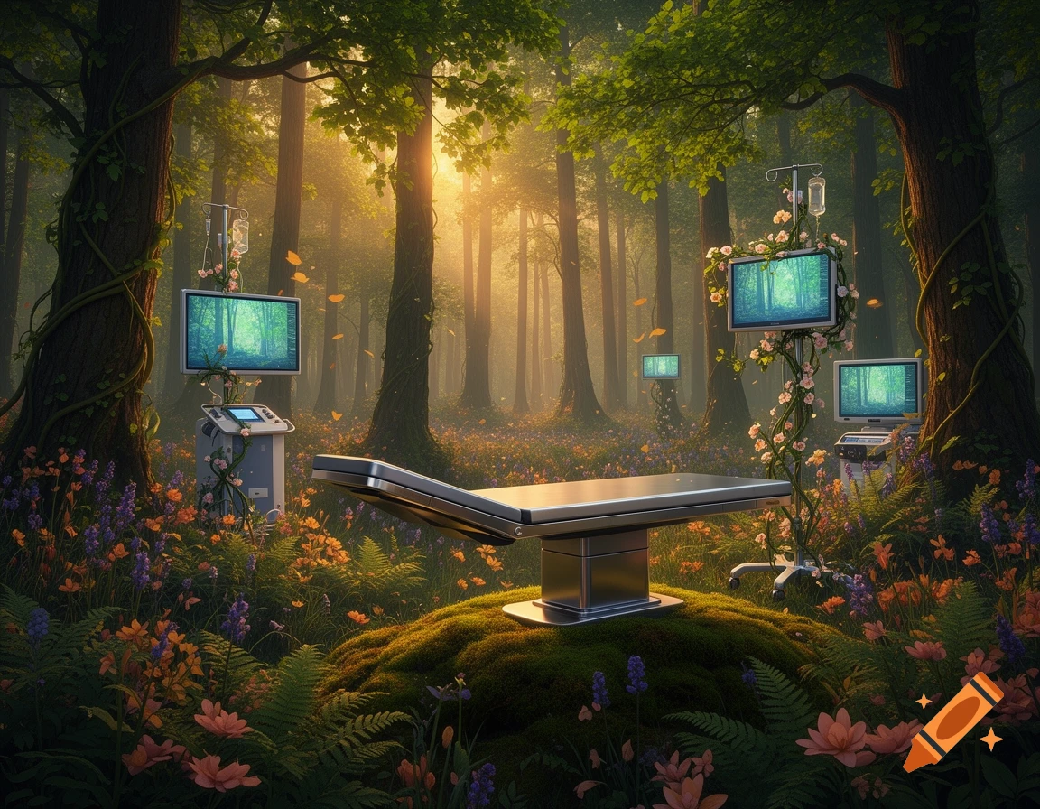 An operating table and medical equipment, including monitors wrapped in vines, sit in a lush, sunlit forest clearing.