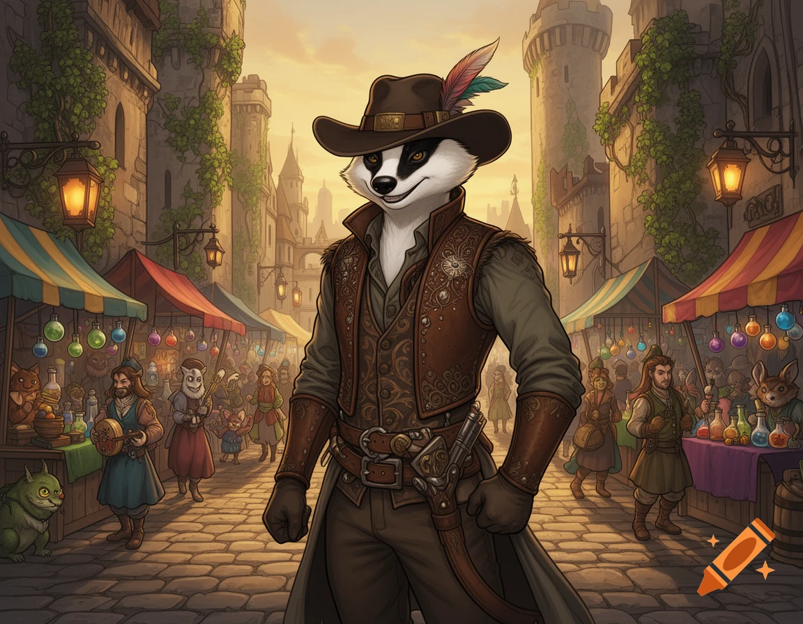 An anthropomorphic badger in a hat and vest stands in a bustling fantasy market street with stalls and medieval buildings.