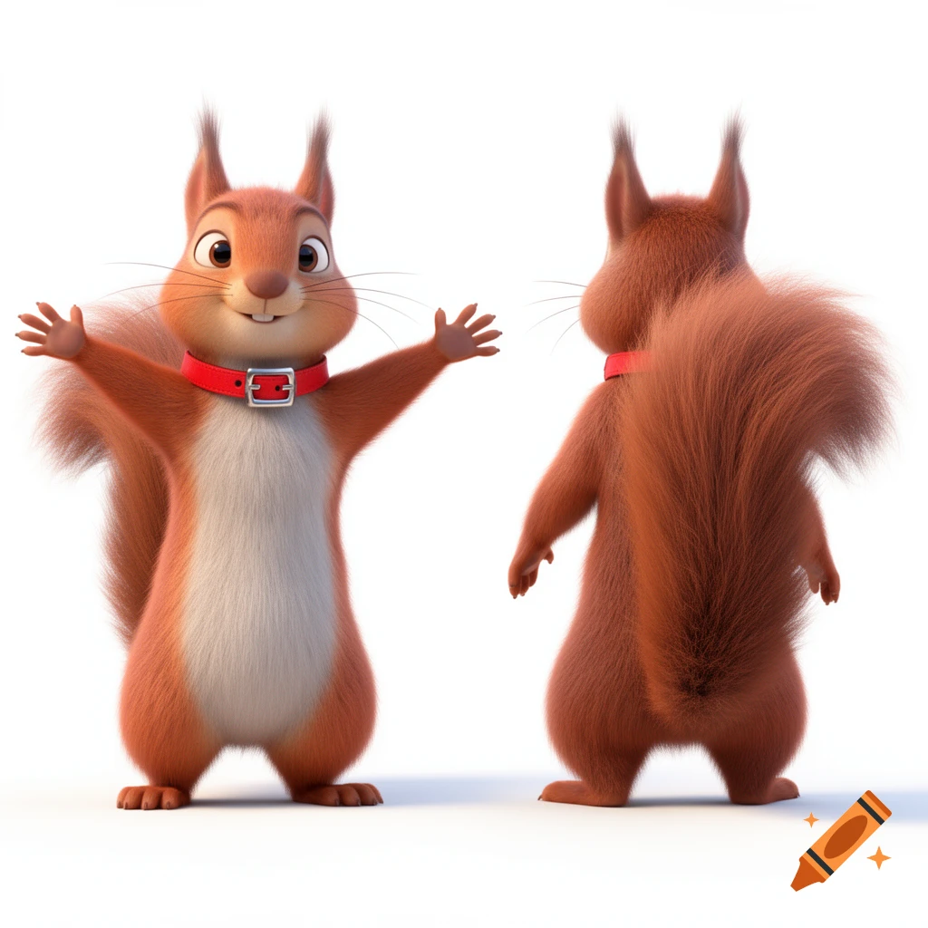 Two 3D cartoon squirrels with red collars, one front view with arms open, one back view, on a white background.