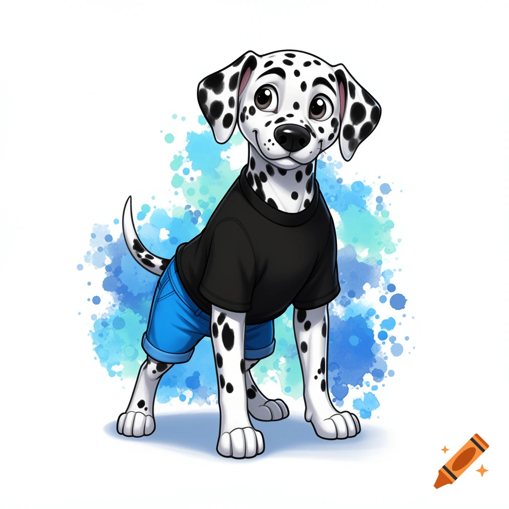 Cartoon Dalmatian puppy in a black t-shirt and blue shorts against a blue watercolor splash background.