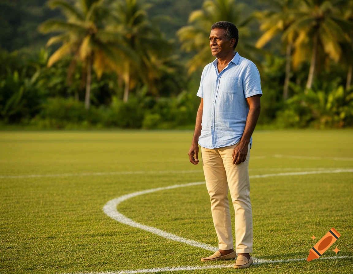 An older Black man in a blue shirt and khaki pants stands on a green football field, looking left, with palm trees in the background.