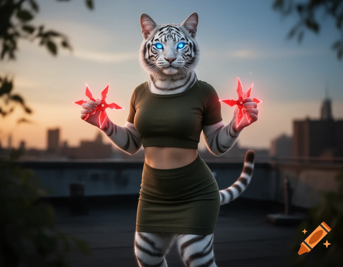 A white tiger anthro character in a crop top and skirt holds two glowing red shurikens on a city rooftop at sunset.