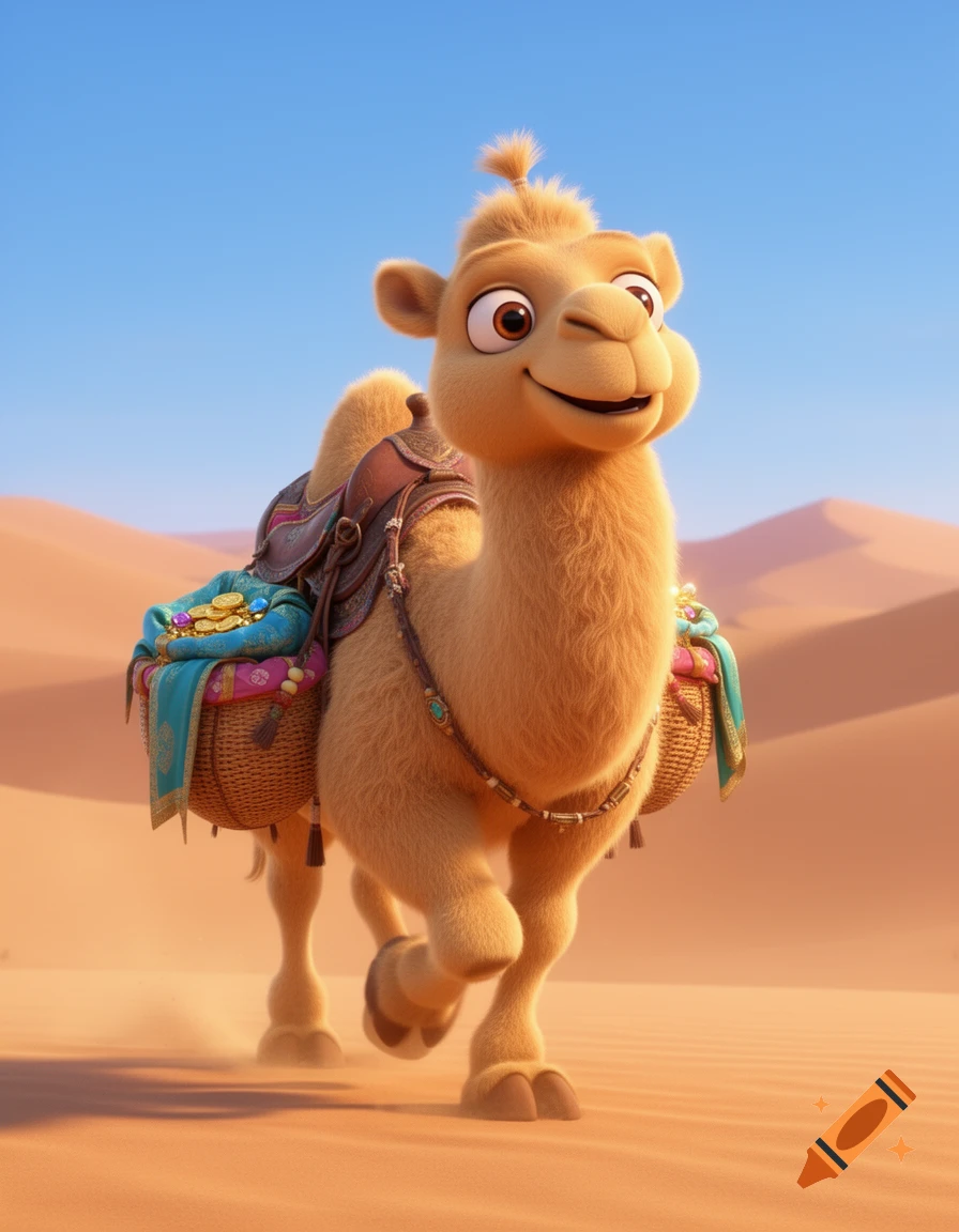 A cute, fluffy 3D cartoon camel with a warm smile trots in a sandy desert, carrying saddlebags overflowing with gold coins and gems.