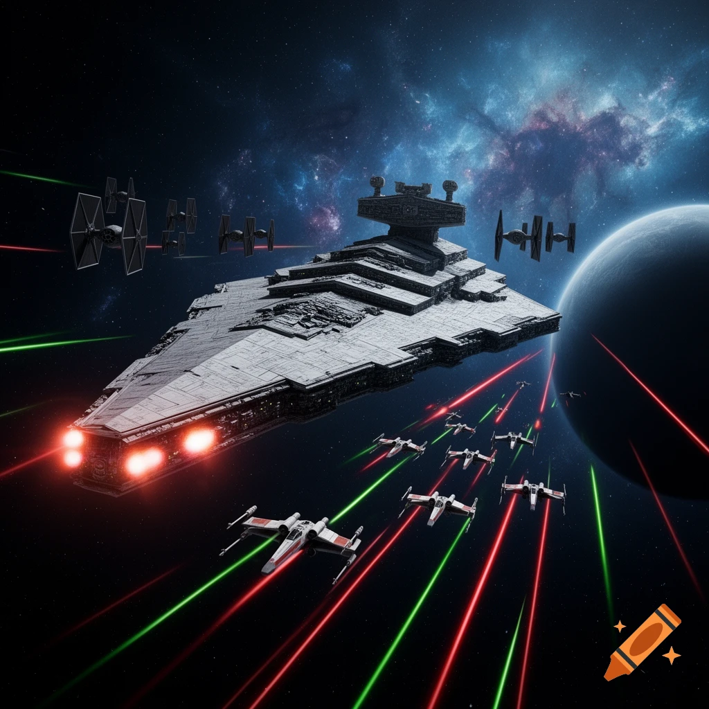 A large Star Destroyer leads TIE Fighters and X-wings in a photorealistic space battle with red and green laser fire against a planet.