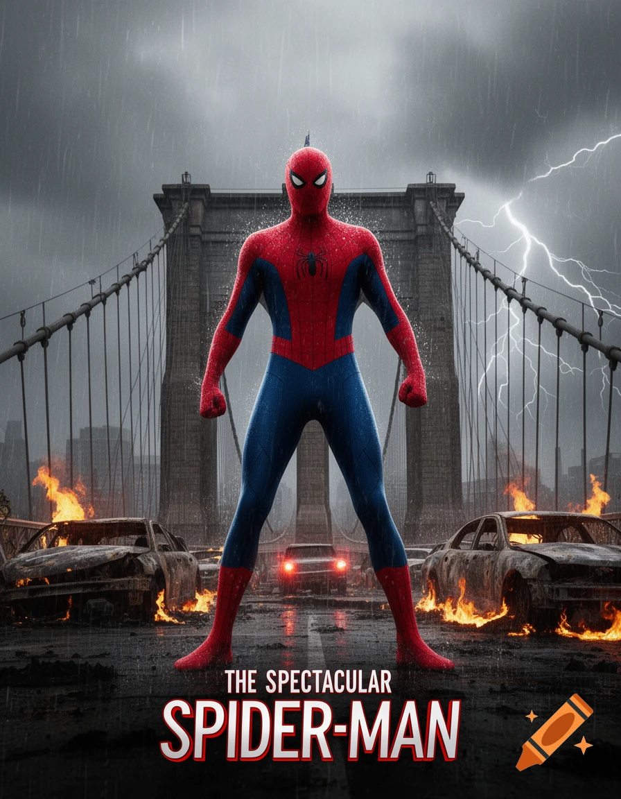 Spider-Man stands heroically on the Brooklyn Bridge, drenched in rain with lightning striking in the background, amidst burning, destroyed cars like a dramatic movie poster. The text reads "THE SPECTACULAR SPIDER-MAN".