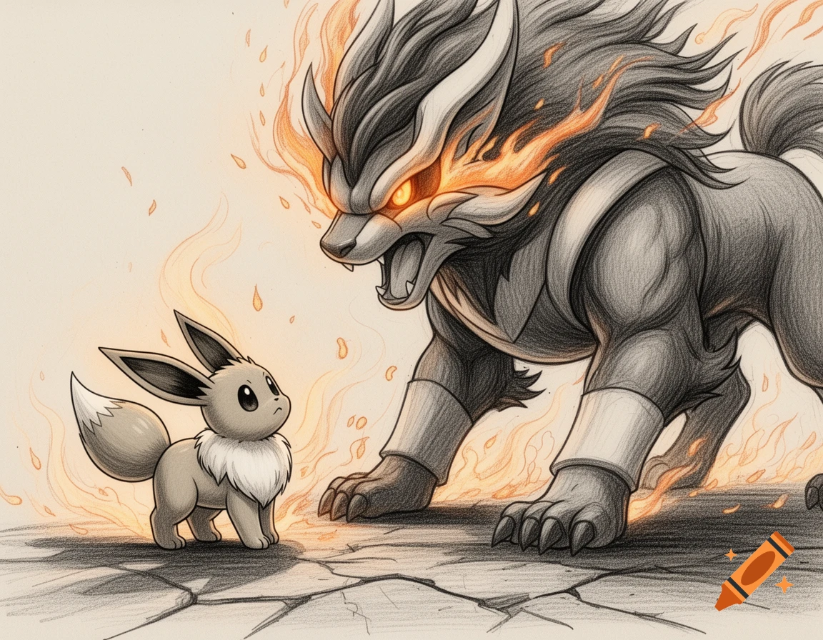 A drawing sketch of a small Eevee facing a large, roaring Entei engulfed in fire.