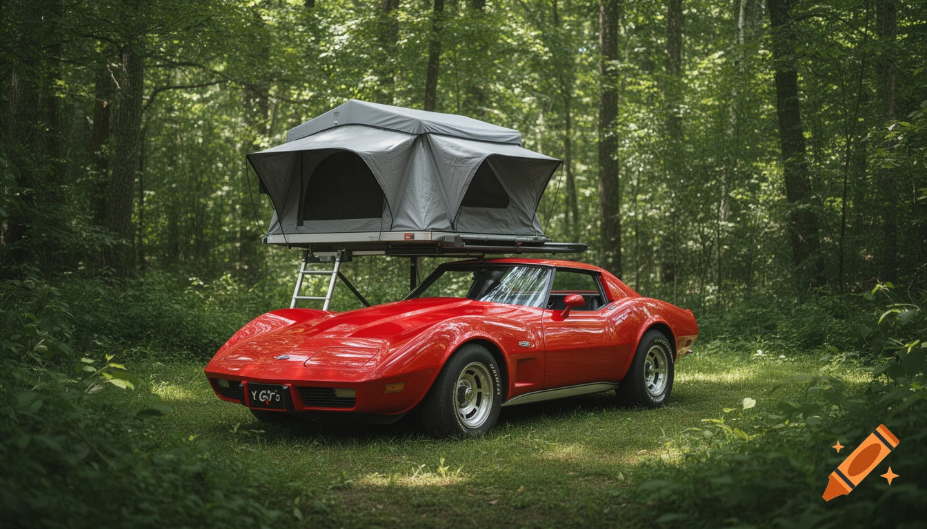 A bright red 1980 Corvette with a gray rooftop tent parked in a lush green forest clearing, captured in realistic detail with cinematic lighting.