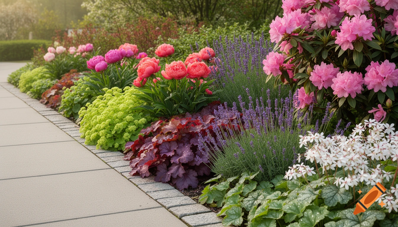 A vibrant flower bed with pink rhododendrons, red peonies, purple lavender, and green foliage along a paved walkway.
