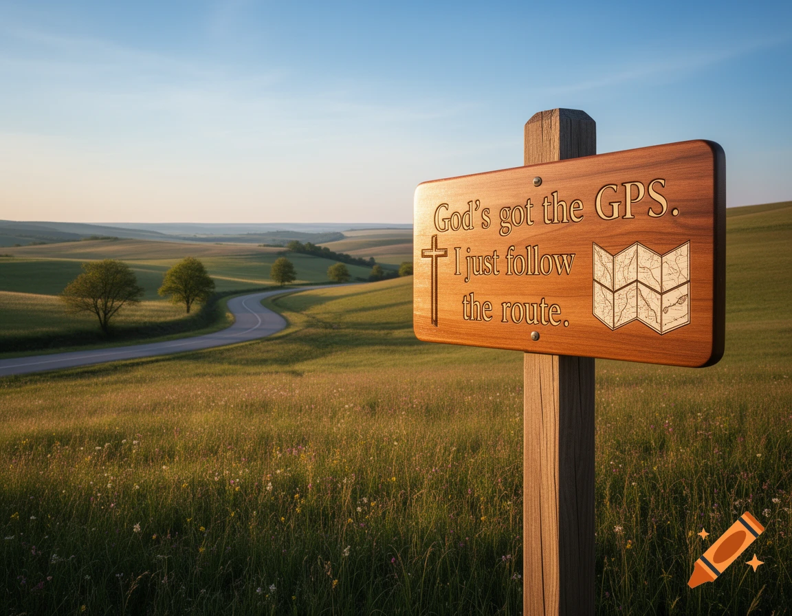 Photorealistic image of a wooden sign in a lush green field, a winding road and rolling hills in the background. The sign reads 'God's got the GPS. I just follow the route.' with a cross and map.