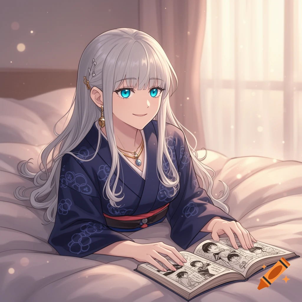 Anime girl with long silver hair and blue eyes, wearing a dark blue yukata, lying on a bed and reading a manga.